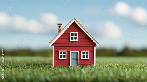 Wallpaper Mural Red House Dreams: A miniature red house sits on a patch of green grass against a backdrop of blue sky and fluffy clouds, symbolizing aspirations of homeownership, new beginnings. Torontodigital.ca