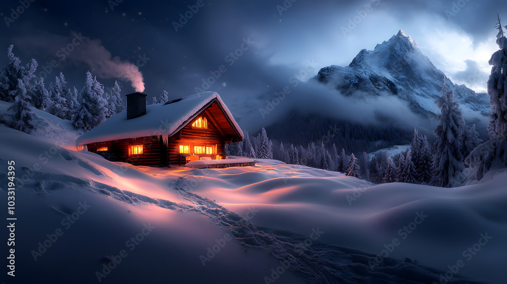 Fototapeta premium Winterhütte im verschneiten Wald bei Nacht mit beleuchteten Fenstern