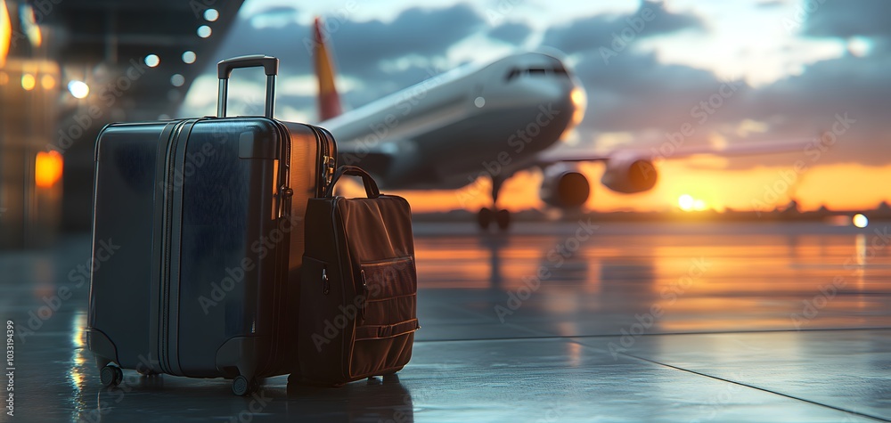 A travel suitcase and backpack on the airport floor with an airplane in the background. 3D rendering, Octane Render, A travel suitcase and backpack on the airport floor with an airplane in the background. 3D rendering, Octane Render,