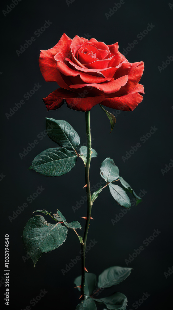 Solitary Red Rose: A single, vibrant red rose stands tall against a dramatic black background, its petals unfurling with elegance and passion. Solitary Red Rose: A single, vibrant red rose stands tall against a dramatic black background, its petals unfurling with elegance and passion.