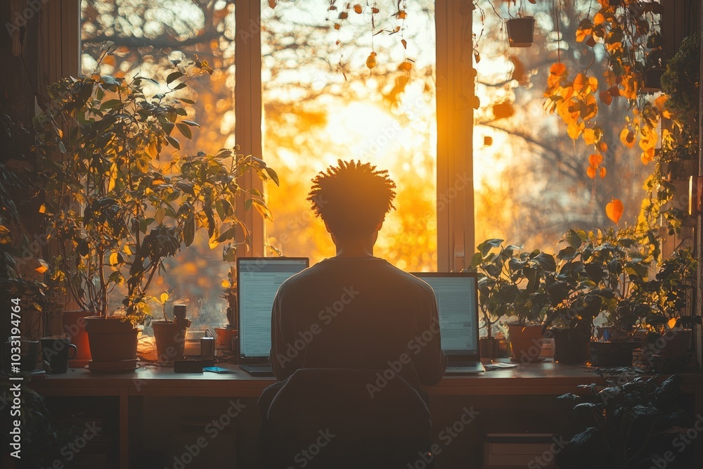A person working at a desk surrounded by plants, with a sunset view through large windows. A person working at a desk surrounded by plants, with a sunset view through large windows.