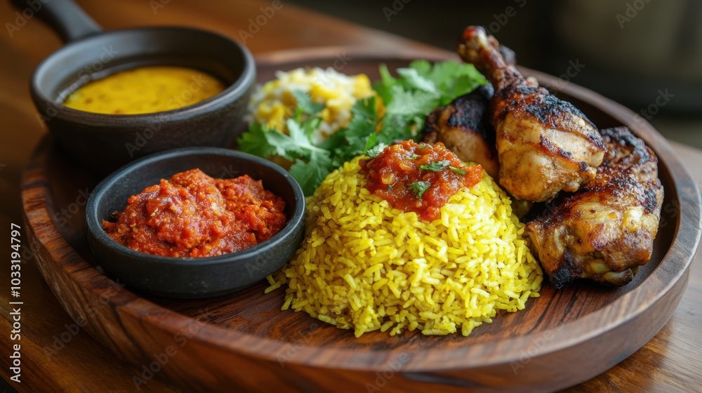 Bright yellow nasi kuning with a variety of Indonesian spices, served with grilled chicken, sambal, and fresh herbs on a wooden plate. Bright yellow nasi kuning with a variety of Indonesian spices, served with grilled chicken, sambal, and fresh herbs on a wooden plate.