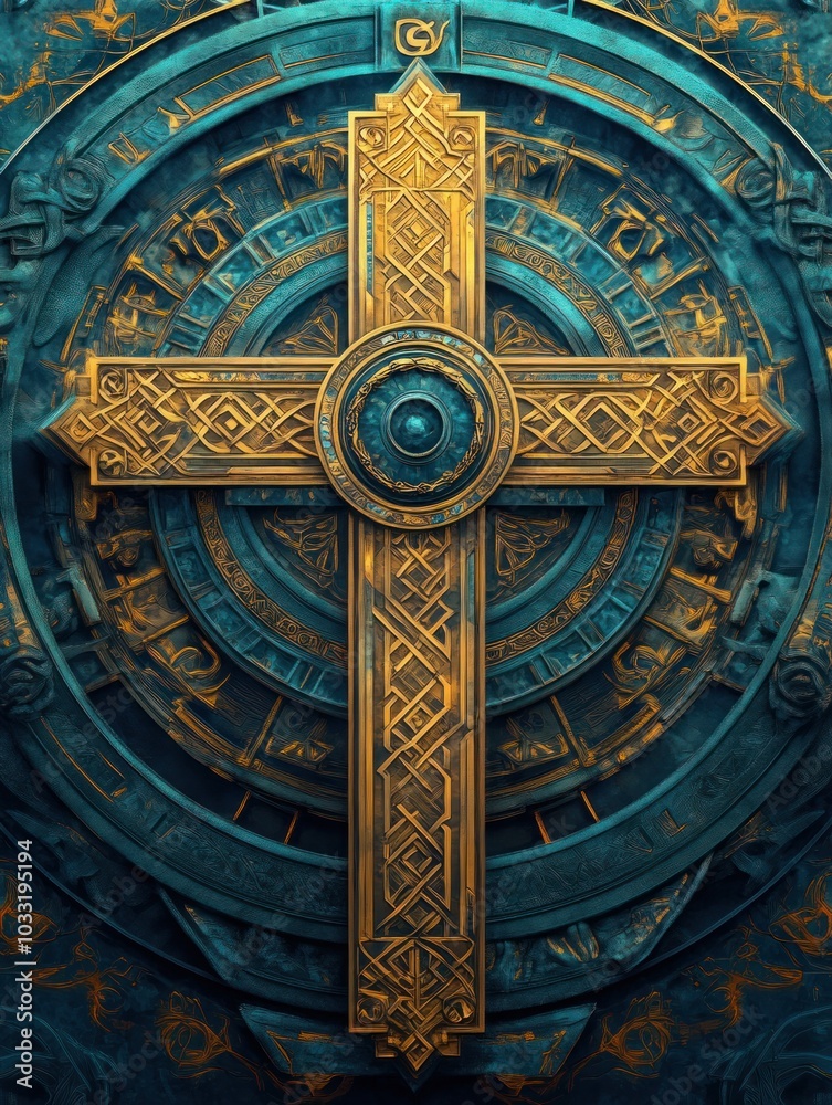 Obraz premium Intricate Golden Celtic Cross on Detailed Teal Background - Ornate Religious Art with Sacred Geometry