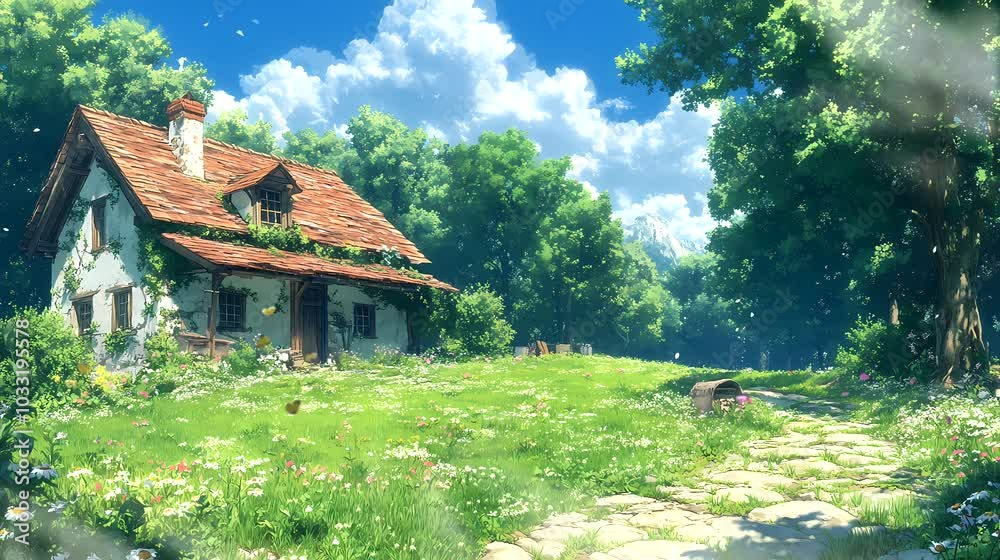 Serene countryside house with warm sunlight, grassy surroundings, and a clear sky. Anime-style, 4K animation background for looping footage.