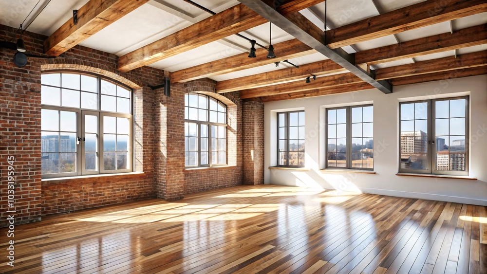 Fototapeta premium The image shows a spacious room with large windows overlooking a cityscape, exposed brick walls, and a polished wooden floor. Sunbeams stream through the windows, creating a warm and inviting