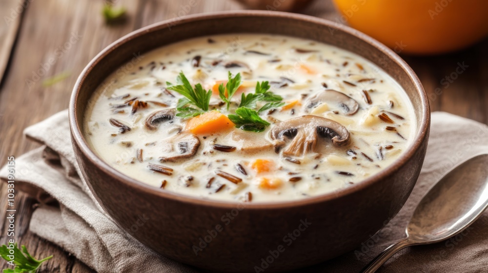 Comforting wild rice soup with mushrooms in a rustic bowl, with a spoon and napkin beside it, on a wooden background. Comforting wild rice soup with mushrooms in a rustic bowl, with a spoon and napkin beside it, on a wooden background.