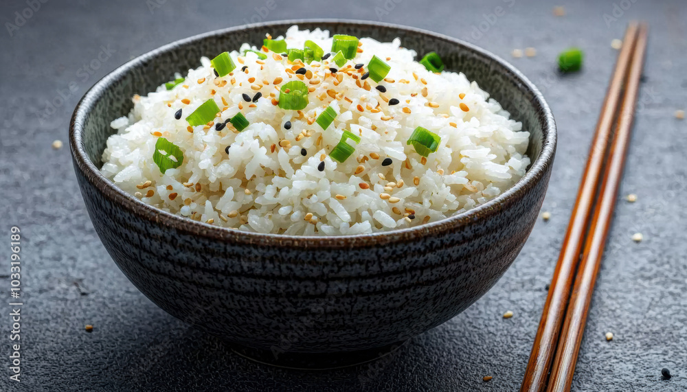 A bowl of steamed rice topped with sesame seeds and green onions, served with chopsticks on a textured surface.