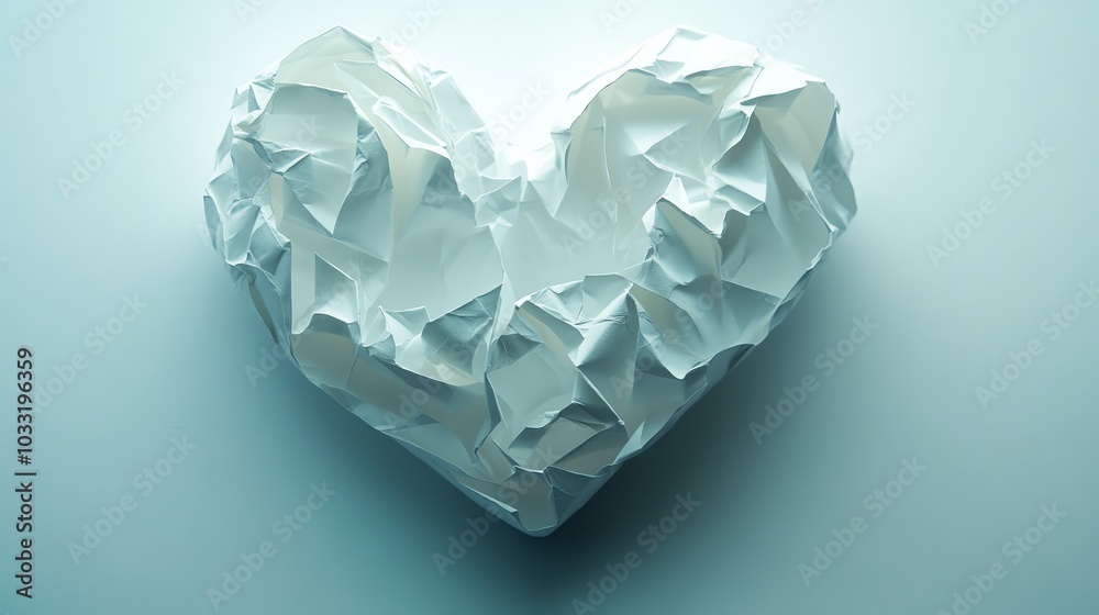 Fragile heart made of paper, slowly tearing apart, white background Fragile heart made of paper, slowly tearing apart, white background