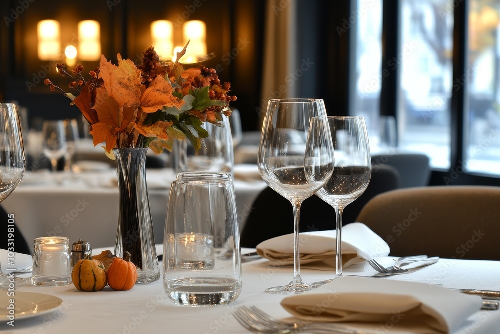 A beautifully set table in a restaurant with fall decor. (1) A beautifully set table in a restaurant with fall decor. (1)