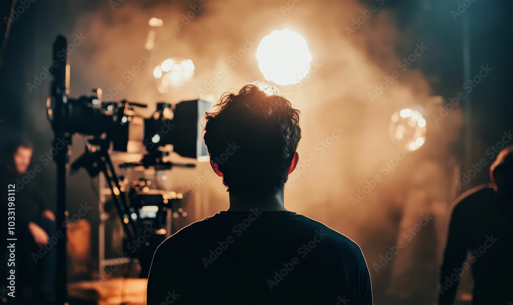 Silhouette of a man on a film set. Silhouette of a man on a film set.