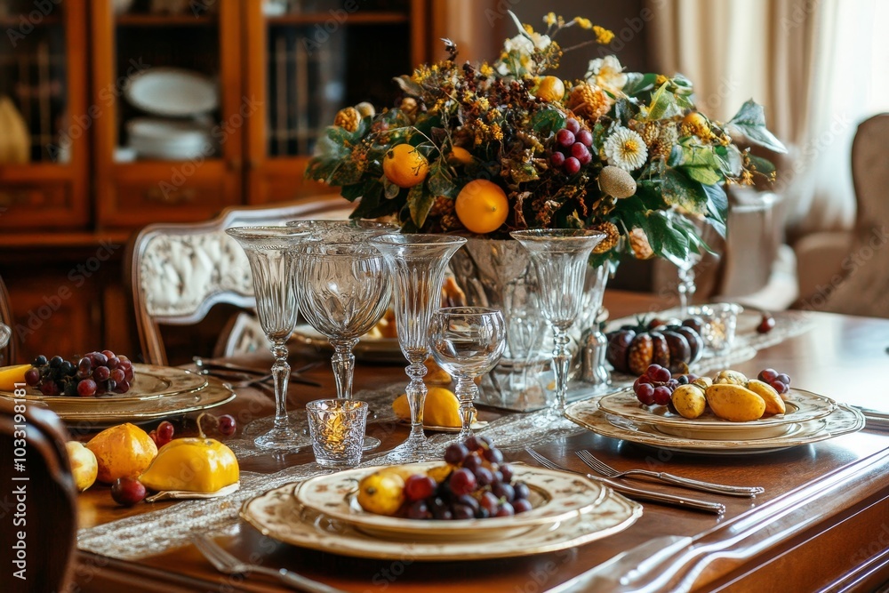A beautifully set table with fall decor, featuring a centerpiece of fruit and flowers, and grapes, lemons, and pumpkins. A beautifully set table with fall decor, featuring a centerpiece of fruit and flowers, and grapes, lemons, and pumpkins.
