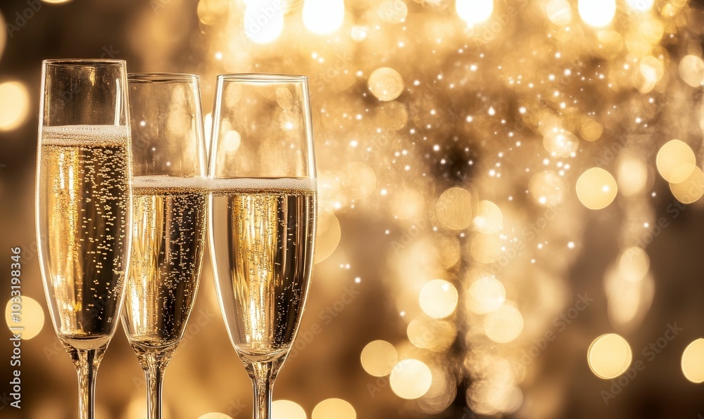 Three glasses of champagne in front of a golden background. Three glasses of champagne in front of a golden background.