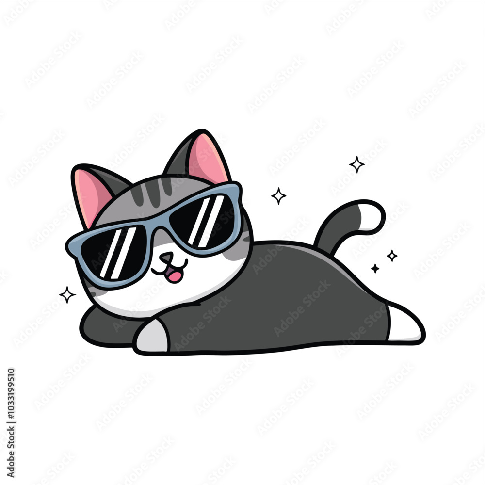 Fototapeta premium Playful Cat with Sunglasses - Cute Cartoon Illustration
