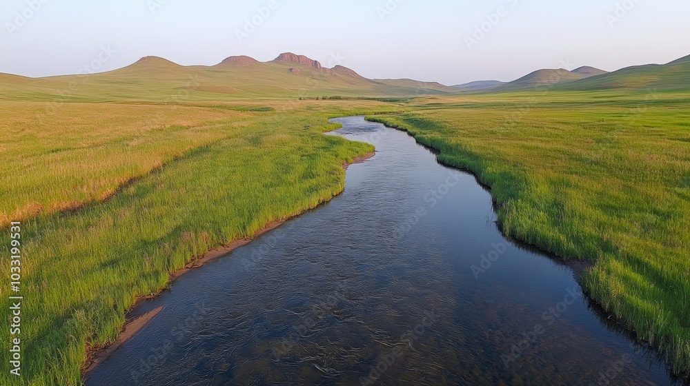 Serene River Winding Through Lush Green Meadow with Rolling Hills in the Distance Serene River Winding Through Lush Green Meadow with Rolling Hills in the Distance