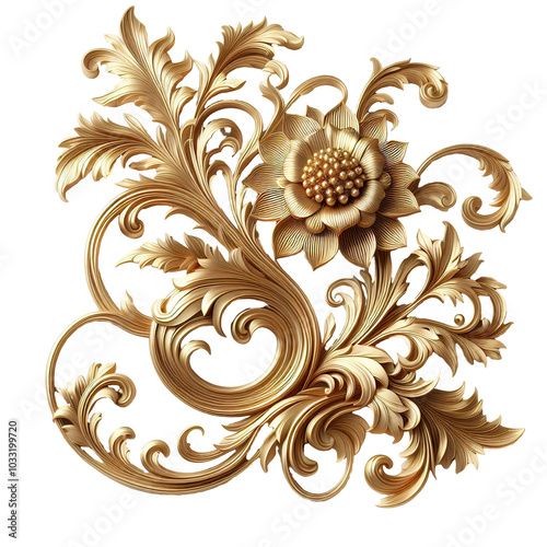 3d metallic golden, intricate floral design with scrolling leaves and a prominent flower, isolated PNG photo