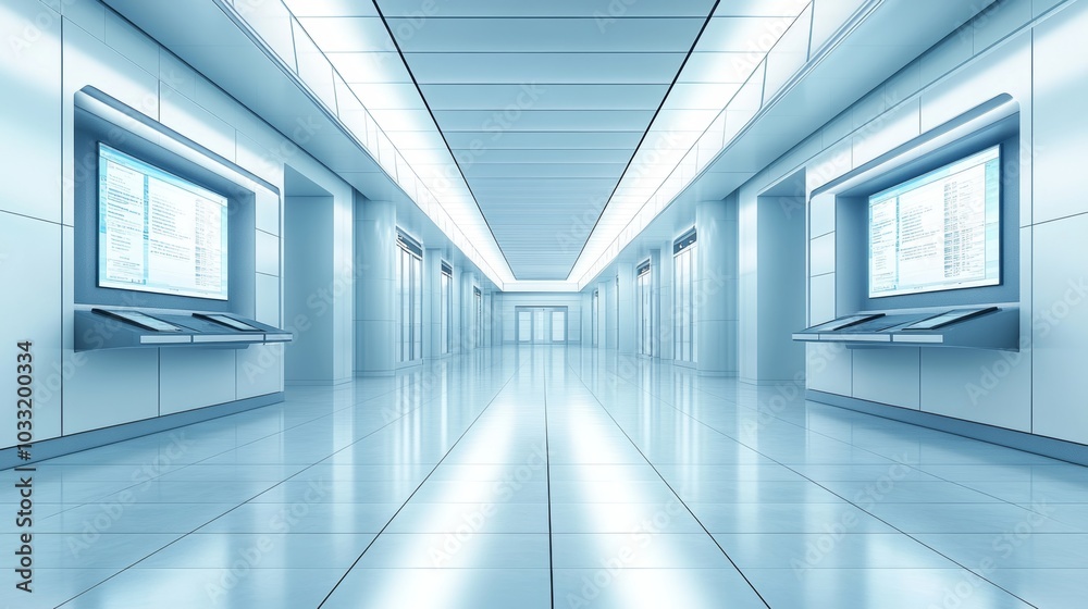 Modern Futuristic Corridor with Digital Displays and Glass Doors Modern Futuristic Corridor with Digital Displays and Glass Doors