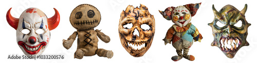 Collection set of halloween horror,  voodoo rag doll puppet, clown monster demon devil face mask, transparent cutout PNG file. Mockup template for design photo