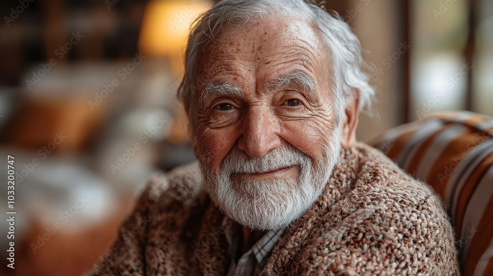 Elderly man with a warm smile enjoying a cozy evening at home, sitting in a comfortable chair surrounded by soft lighting and decor Elderly man with a warm smile enjoying a cozy evening at home, sitting in a comfortable chair surrounded by soft lighting and decor