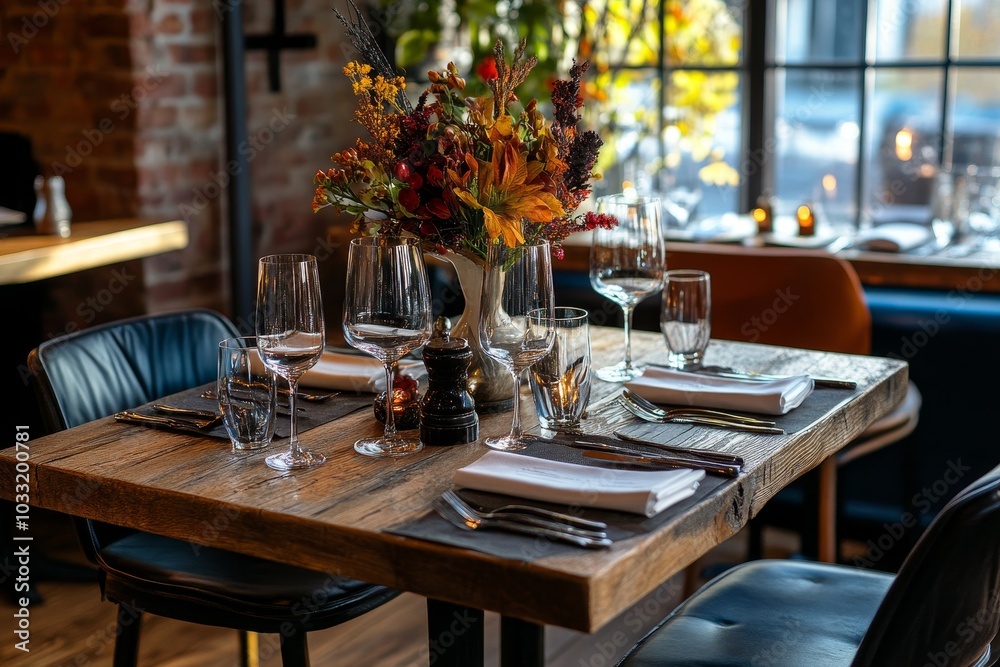A rustic wooden table set for dinner with a floral centerpiece and wine glasses. A rustic wooden table set for dinner with a floral centerpiece and wine glasses.