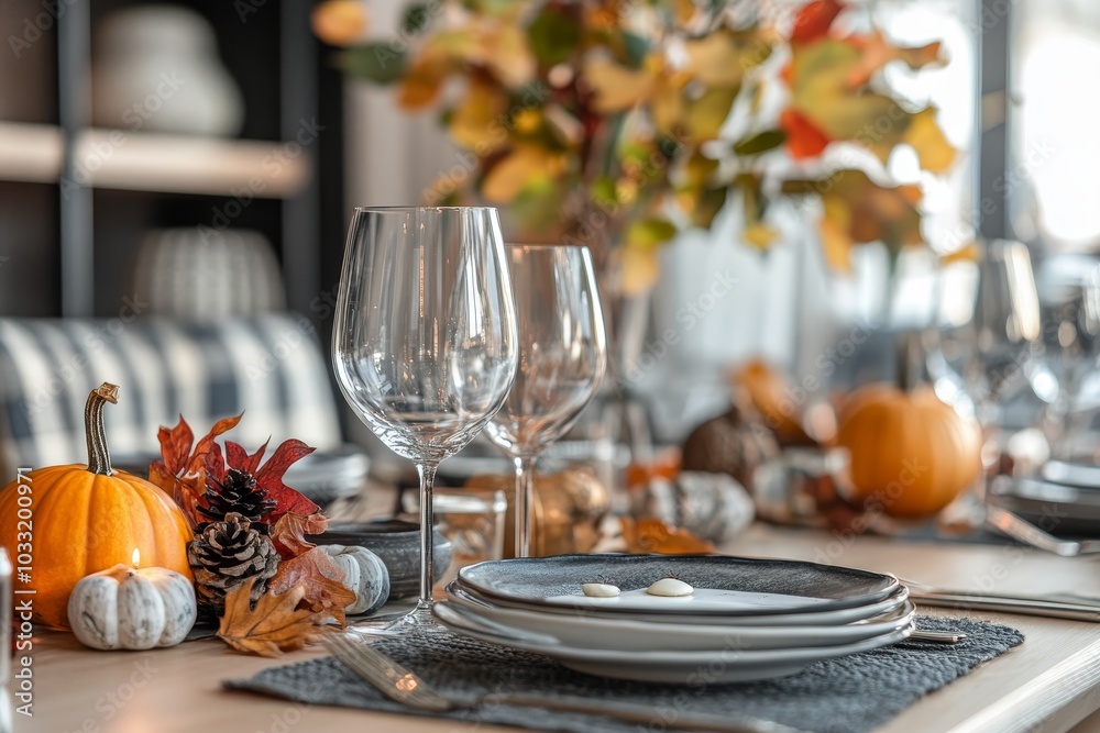 A rustic table setting with pumpkins, fall leaves, and a gray place setting with a white plate. A rustic table setting with pumpkins, fall leaves, and a gray place setting with a white plate.