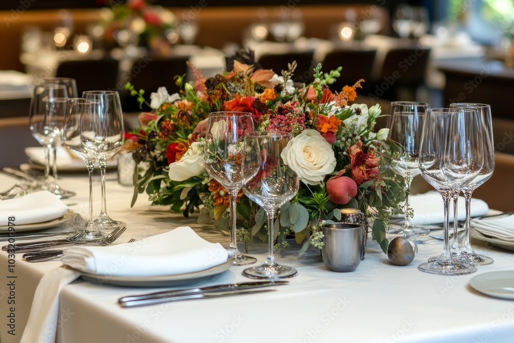 A table setting with a centerpiece of colorful flowers and greenery, surrounded by glasses and silverware. A table setting with a centerpiece of colorful flowers and greenery, surrounded by glasses and silverware.