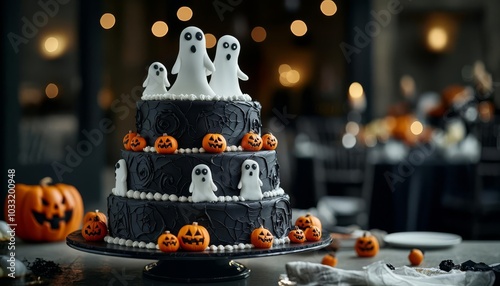 Spooky Halloween cake with ghosts and pumpkins, festive table setting.