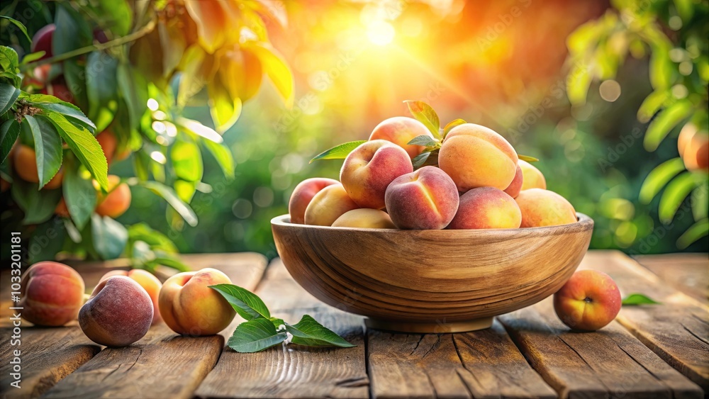 A Rustic Wooden Bowl Overflowing with Ripe Peaches, Bathed in Warm Sunlight, Surrounded by Lush Green Foliage and a Wooden Table A Rustic Wooden Bowl Overflowing with Ripe Peaches, Bathed in Warm Sunlight, Surrounded by Lush Green Foliage and a Wooden Table