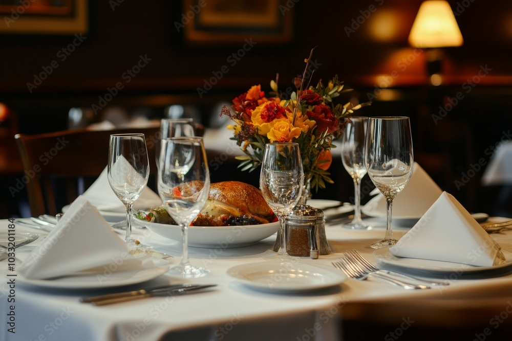 A beautifully set table with white linens, plates, silverware, and wine glasses. A bouquet of flowers sits in the center. A roasted turkey is served on a platter in the background. A beautifully set table with white linens, plates, silverware, and wine glasses. A bouquet of flowers sits in the center. A roasted turkey is served on a platter in the background.