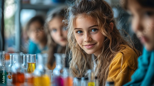 Young Girl Studying Science in a Classroom with Colorful Liquids in Test Tubes