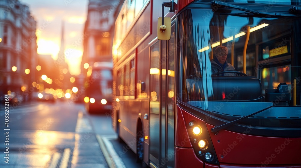 Obraz premium Red Double Decker Bus in City at Sunset with Blurred Background