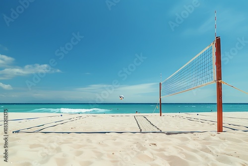 A vibrant beach volleyball court set up on pristine sand with a bright blue sky and gentle ocean waves in the background capturing the essence of seaside recreation