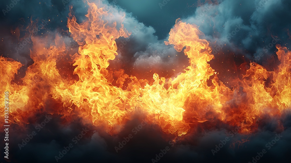 Vibrant blaze of fire erupting through dark clouds capturing the intensity and power of flames in an artistic display of nature's fury Vibrant blaze of fire erupting through dark clouds capturing the intensity and power of flames in an artistic display of nature's fury