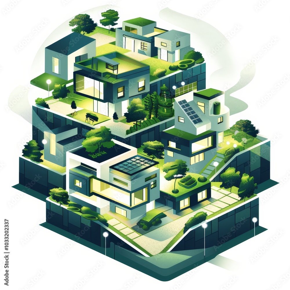 Fototapeta premium Modern Green Cityscape Sustainable Living in Harmony with Nature Isolated On White Background