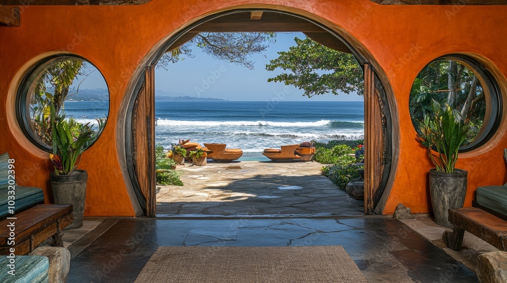 Fototapeta premium Ocean View Through Round Doorway in Tropical Home Interior