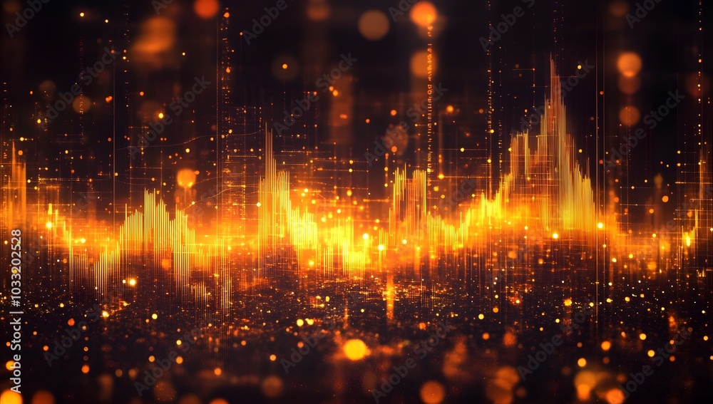Abstract background with glowing orange and yellow elements of audio wave, bar graph or line chart on black background. Abstract background with glowing orange and yellow elements of audio wave, bar graph or line chart on black background.