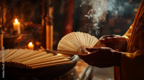 A close-up of the priest's hands, holding a ceremonial fan made of white paper strips, performing a purification ritual in the inner sanctum of the shrine. photo