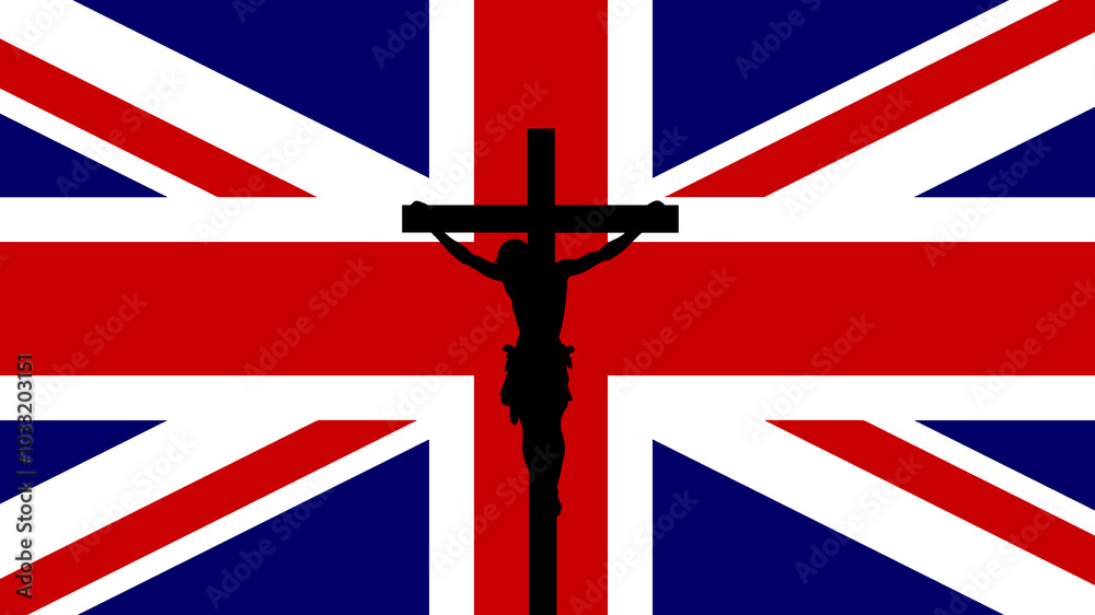 Fototapeta premium Silhouette of the Crucifixion of Jesus Christ on a British Flag