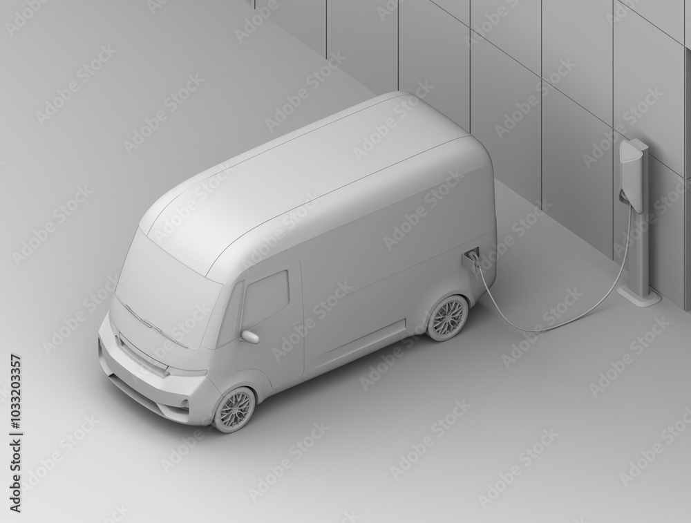 Clay rendering of Electric Delivery Van charging in charging station beside the buidling. Isometric view. 3D rendering image.