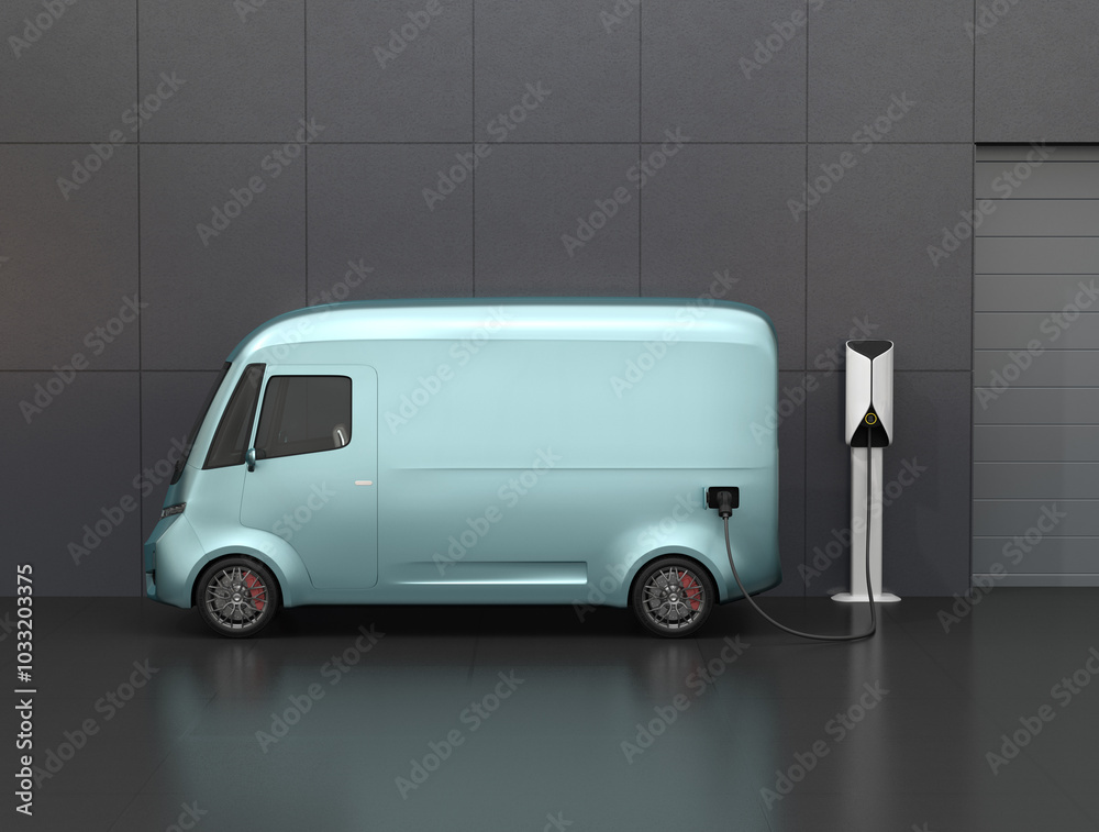 Φωτογραφία Side view of metallic green Electric Delivery Van charging in charging station beside the buidling