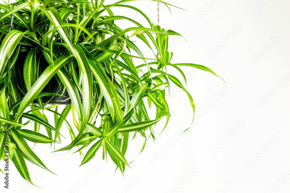 Fototapeta premium Close-up of a Hanging Spider Plant with Green Leaves Isolated On White Background