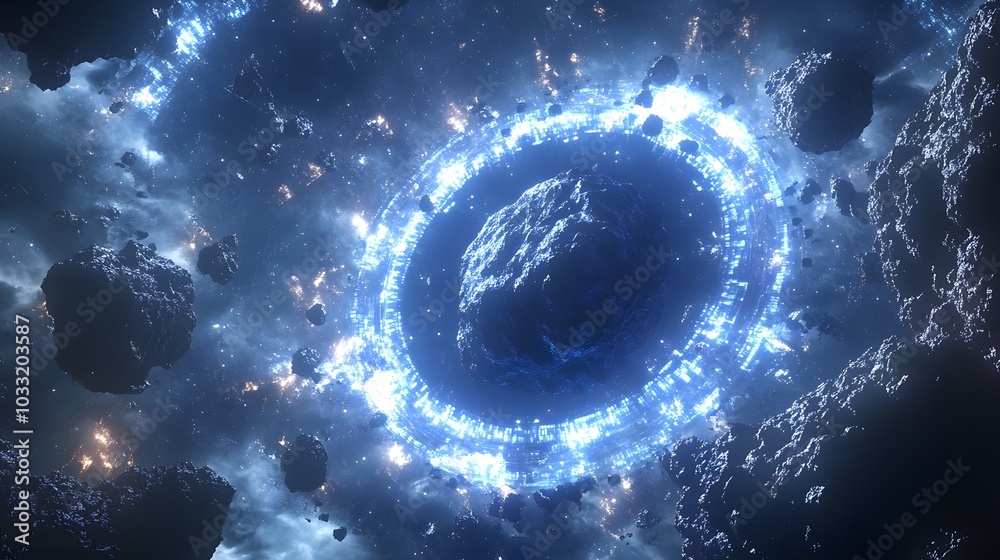 A group of sleek, futuristic satellites in a perfect ring formation around a colossal asteroid, glowing holographic data streams transmitting back to Earth, set against the vastness of space A group of sleek, futuristic satellites in a perfect ring formation around a colossal asteroid, glowing holographic data streams transmitting back to Earth, set against the vastness of space