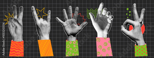 Trendy set of human hands gestures with doodle elements. Retro halftone effect. Vector elements in pop art style.