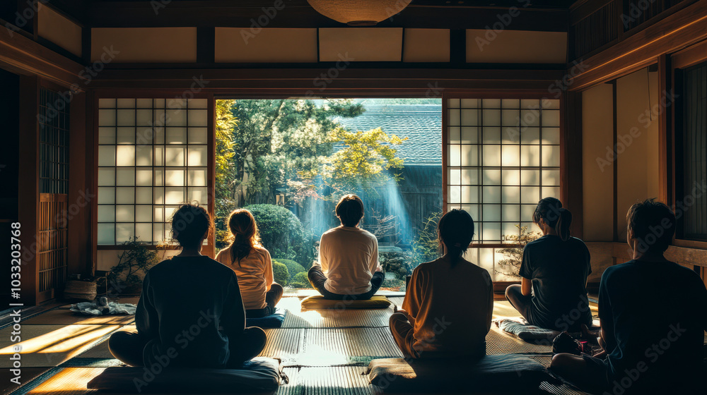 A group of people participating in a meditation session in a traditional Japanese temple, the air filled with quiet focus and mindfulness.