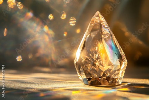 A single, clear crystal with a teardrop shape sits on a table in a warm, golden light. Light rays reflect off the crystal, creating a colorful, abstract background.