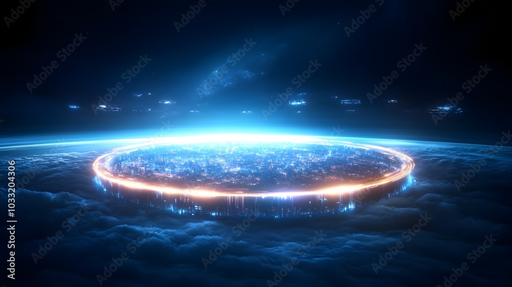 A high-tech circular city floating above dense clouds, spiral towers reaching into the stratosphere, glowing with holographic lights, and AI-controlled drones flying in the sky A high-tech circular city floating above dense clouds, spiral towers reaching into the stratosphere, glowing with holographic lights, and AI-controlled drones flying in the sky