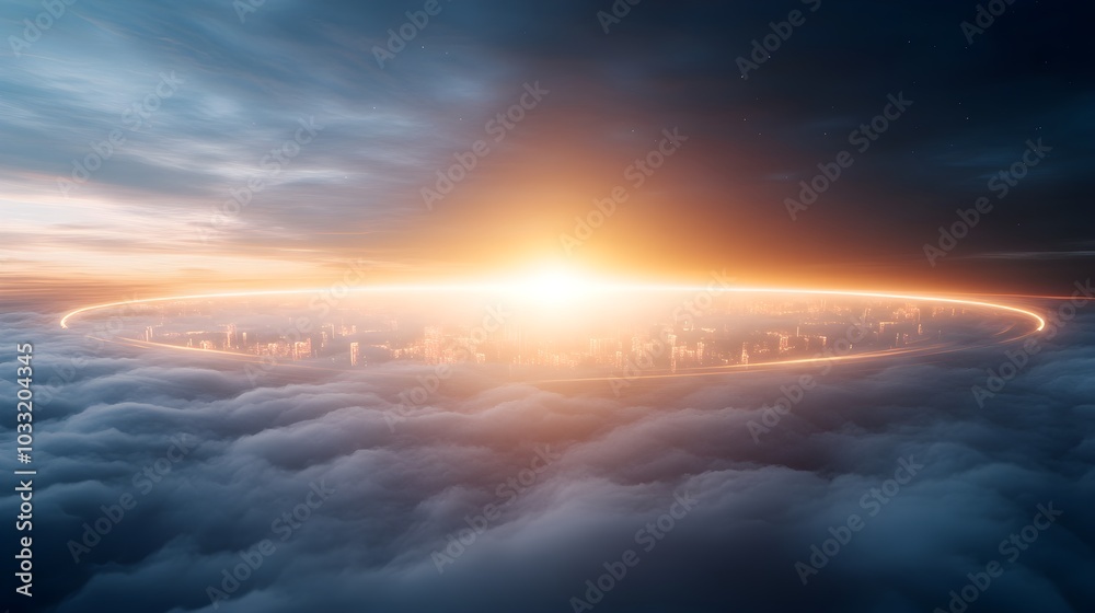 A high-tech circular city floating above dense clouds, spiral towers reaching into the stratosphere, glowing with holographic lights, and AI-controlled drones flying in the sky A high-tech circular city floating above dense clouds, spiral towers reaching into the stratosphere, glowing with holographic lights, and AI-controlled drones flying in the sky