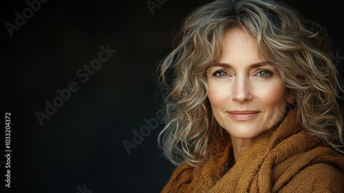 A woman with curly hair smiles warmly while wearing a cozy, textured brown shawl in a softly lit setting during the golden hour