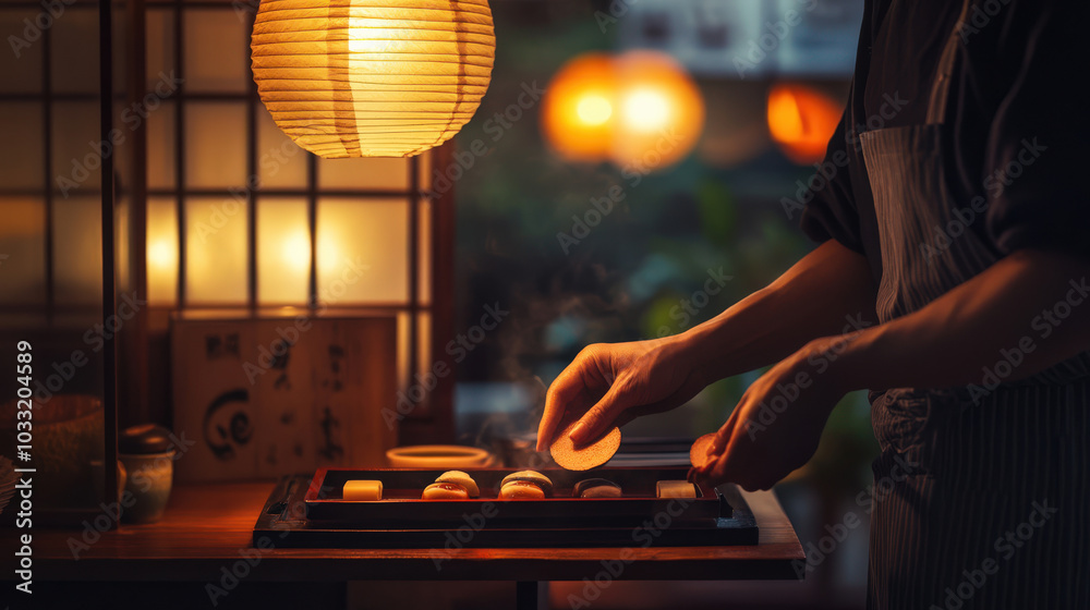 Inside a traditional Japanese teahouse, the artisan arranges wagashi on a lacquered tray for a tea ceremony. Inside a traditional Japanese teahouse, the artisan arranges wagashi on a lacquered tray for a tea ceremony.