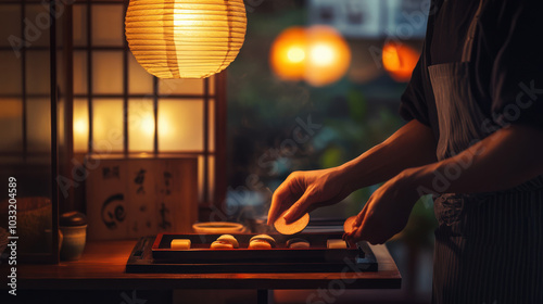 Inside a traditional Japanese teahouse, the artisan arranges wagashi on a lacquered tray for a tea ceremony.