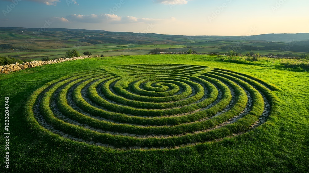 A large, circular labyrinth made of grass and stones in a wide open field, perfect for meditation walks, with a sense of calm and spiritual depth A large, circular labyrinth made of grass and stones in a wide open field, perfect for meditation walks, with a sense of calm and spiritual depth